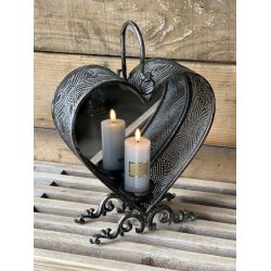 Hjerte lanterne med lysestage og spejl i antik slv